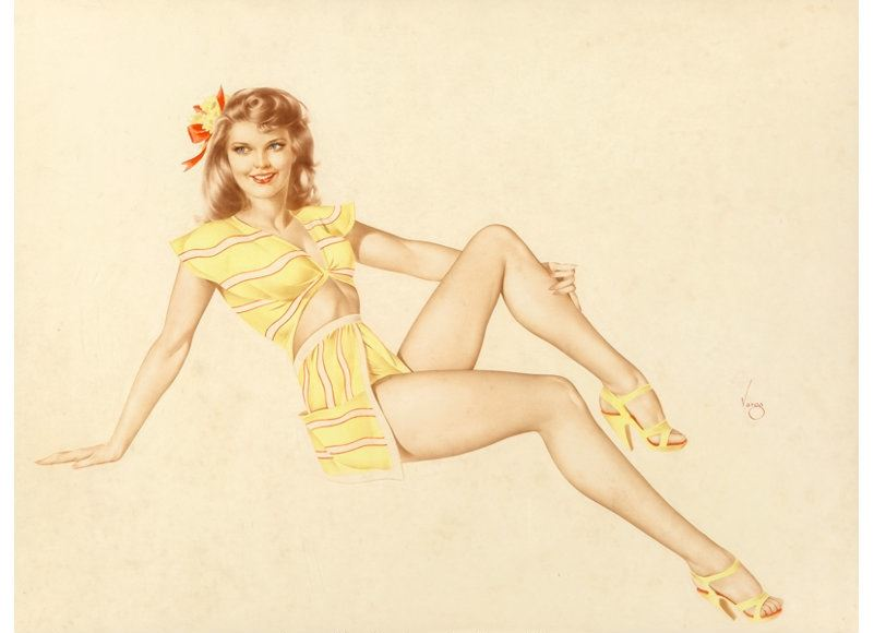 Classic Alberto Vargas pin-up artwork signed 'Varga' showing woman in yellow striped outfit, example of expensive airbrush artwork that reached $179,000 at auction